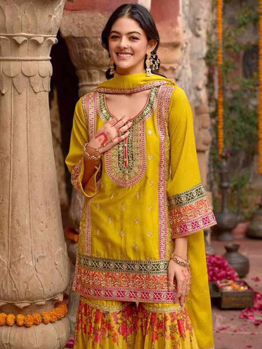 Yellow Heavy Chinon Silk Embroidered Festival Mehendi Ready Sharara Salwar Kameez