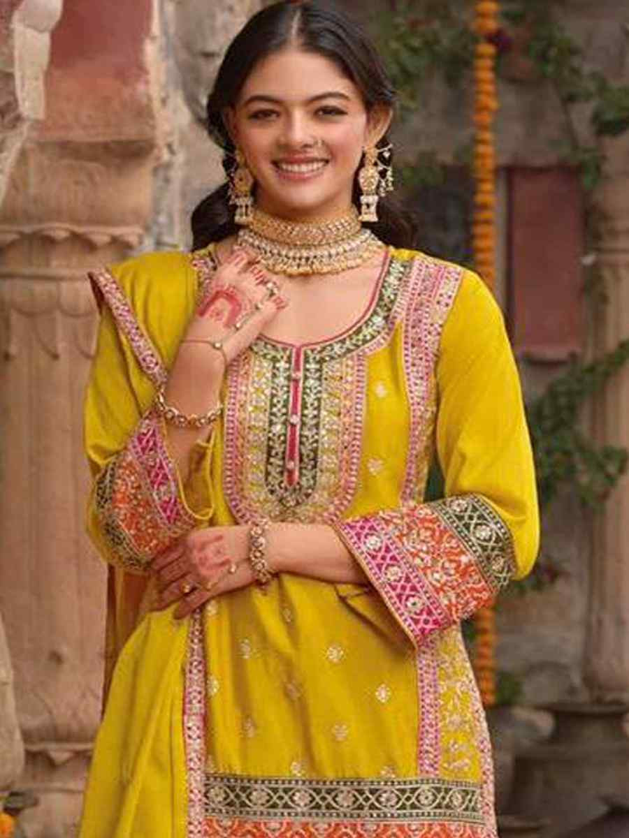 Yellow Heavy Chinon Silk Embroidered Festival Mehendi Ready Sharara Salwar Kameez