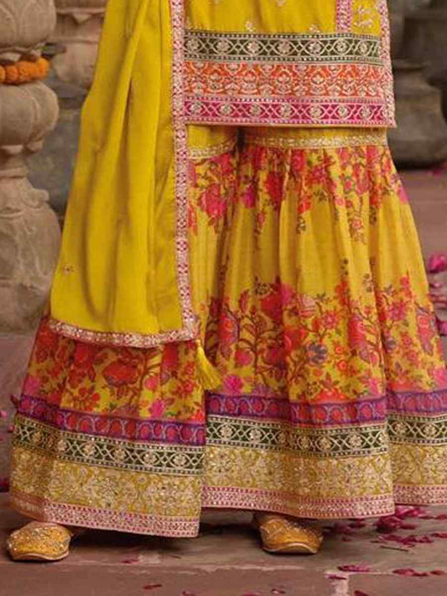 Yellow Heavy Chinon Silk Embroidered Festival Mehendi Ready Sharara Salwar Kameez