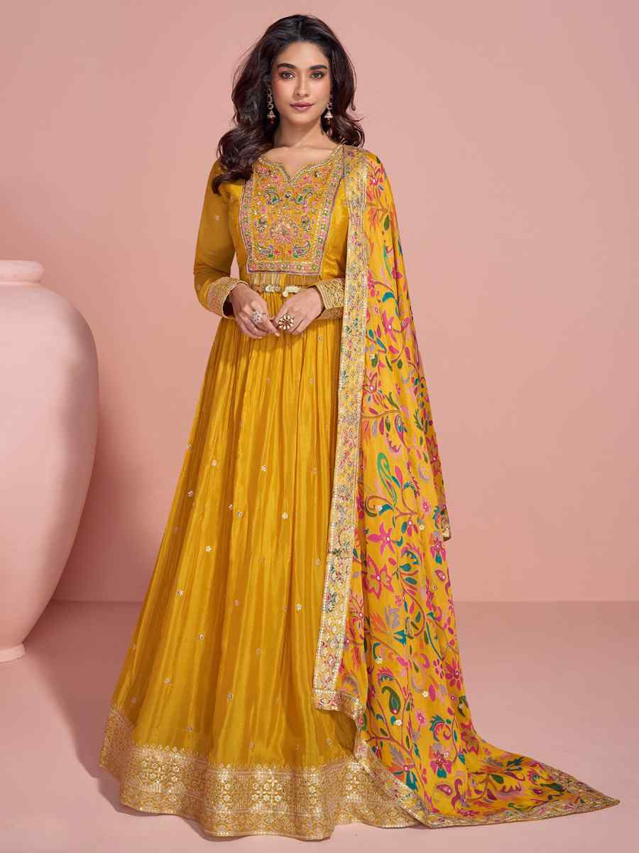 Yellow Heavy Chinon Silk Embroidered Festival Party Gown
