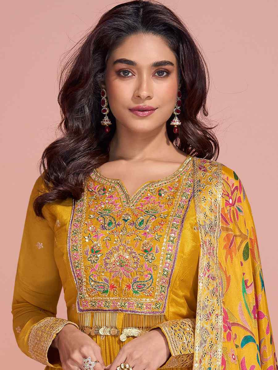 Yellow Heavy Chinon Silk Embroidered Festival Party Gown