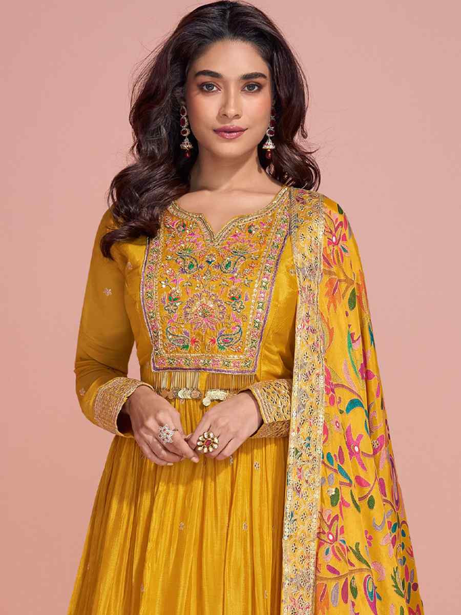 Yellow Heavy Chinon Silk Embroidered Festival Party Gown