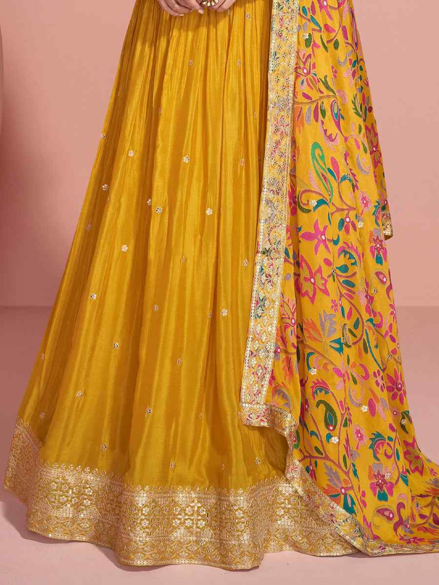 Yellow Heavy Chinon Silk Embroidered Festival Party Gown