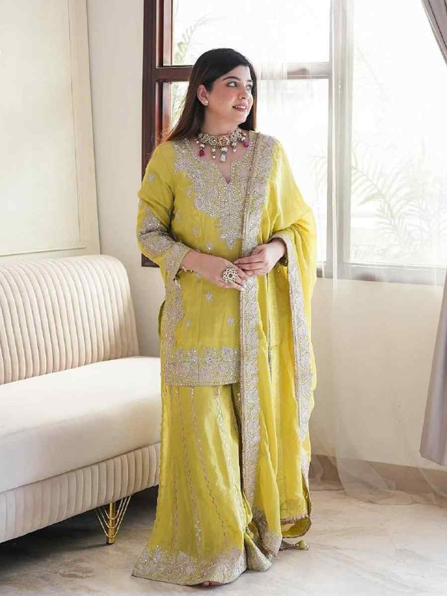 Yellow Heavy Chinon Silk Embroidery Party Wedding Festival Casual Ready Palazzo Pant Salwar Kameez