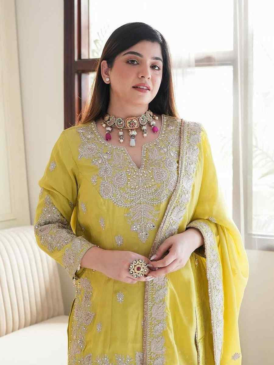 Yellow Heavy Chinon Silk Embroidery Party Wedding Festival Casual Ready Palazzo Pant Salwar Kameez