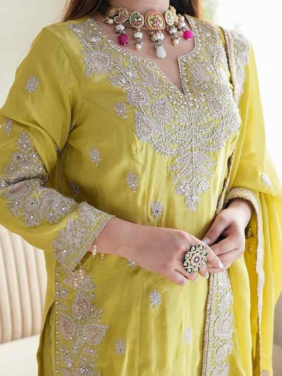 Yellow Heavy Chinon Silk Embroidery Party Wedding Festival Casual Ready Palazzo Pant Salwar Kameez