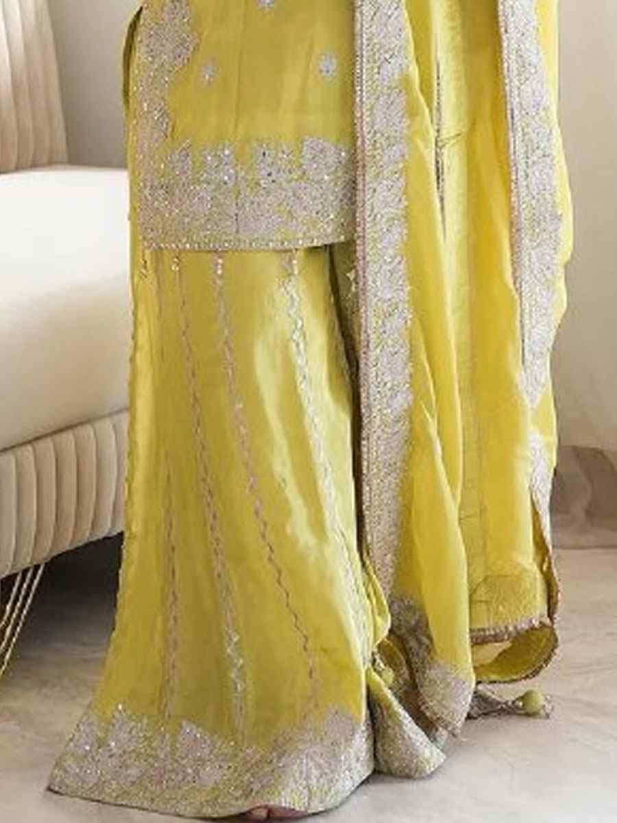 Yellow Heavy Chinon Silk Embroidery Party Wedding Festival Casual Ready Palazzo Pant Salwar Kameez