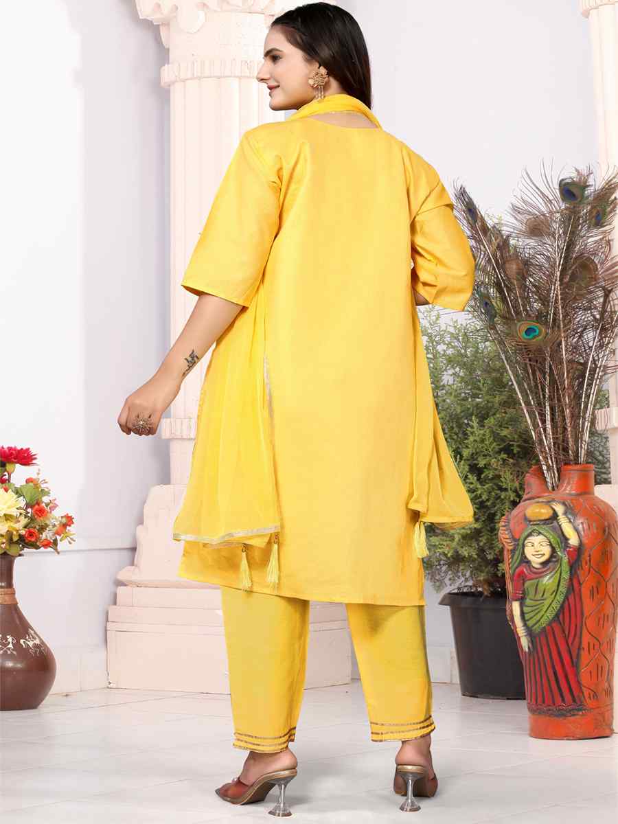 Yellow Heavy Cotton Embroidered Festival Wedding Ready Palazzo Pant Salwar Kameez