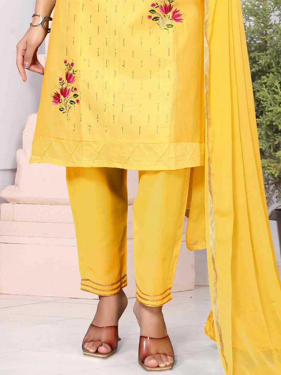 Yellow Heavy Cotton Embroidered Festival Wedding Ready Palazzo Pant Salwar Kameez