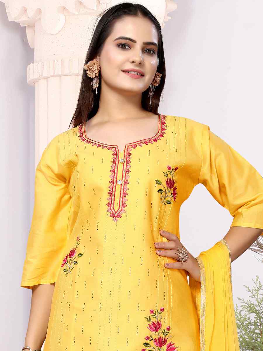 Yellow Heavy Cotton Embroidered Festival Wedding Ready Palazzo Pant Salwar Kameez