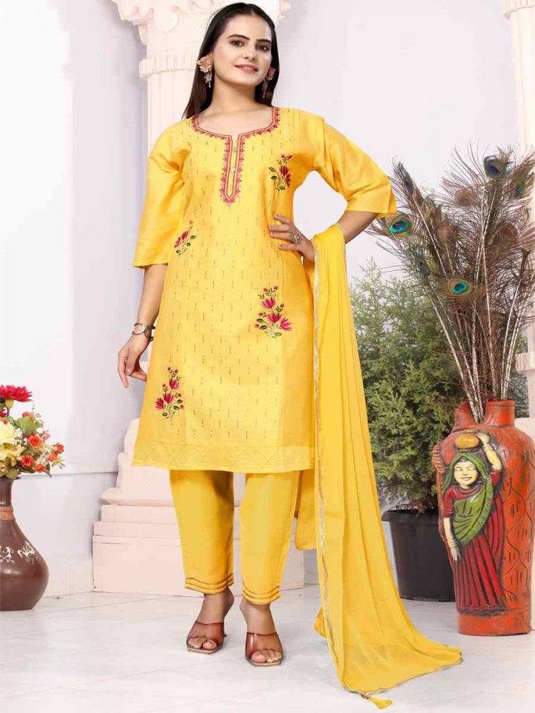 Yellow Heavy Cotton Embroidered Festival Wedding Ready Palazzo Pant Salwar Kameez