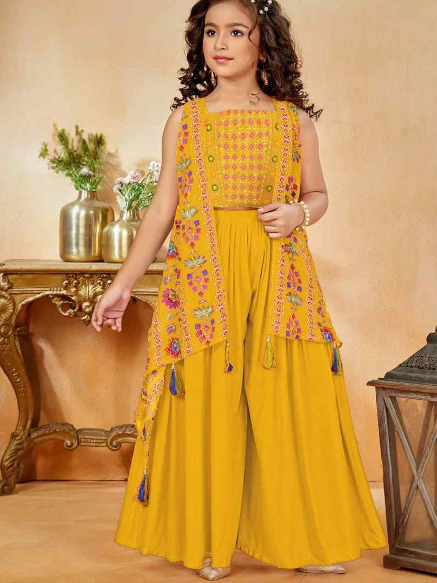 Yellow Heavy Crepe Embroidered Wedding Festival Salwars Girls Wear