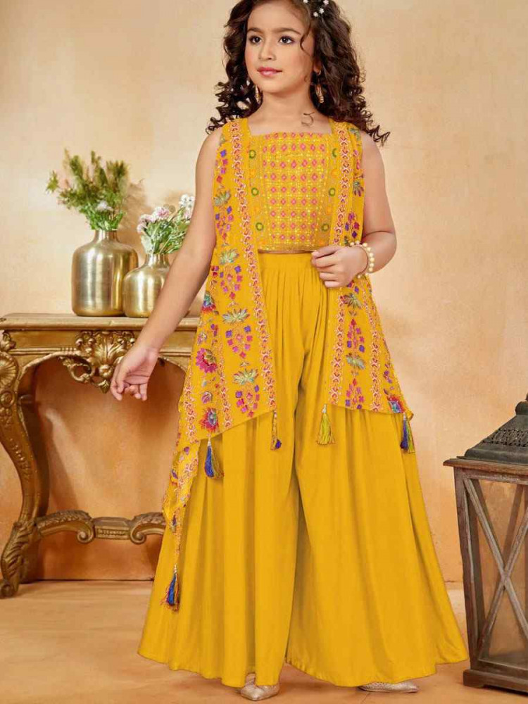 Image of Yellow Heavy Crepe  Embroidered Wedding Festival Salwars Girls Wear