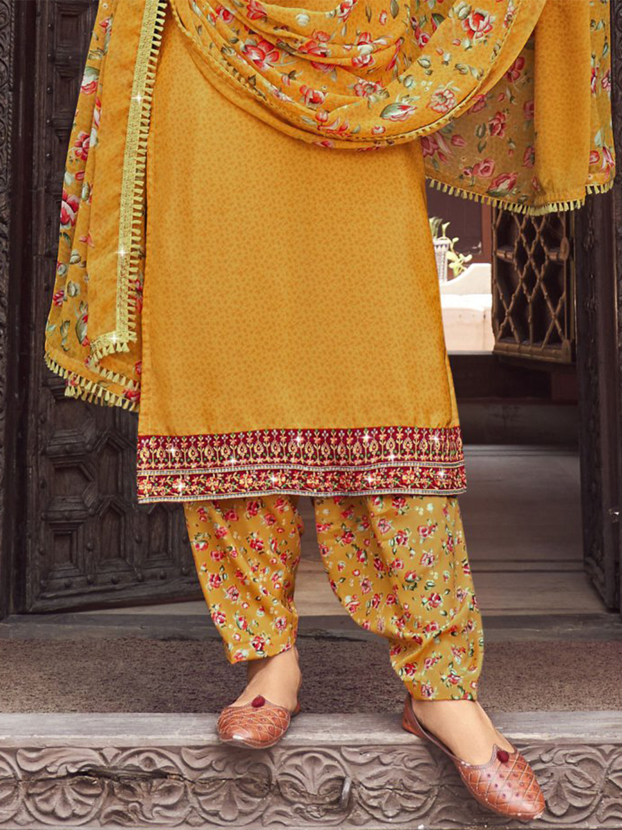 Yellow Heavy Crepe Embroidered Casual Festival Patiala Salwar Kameez