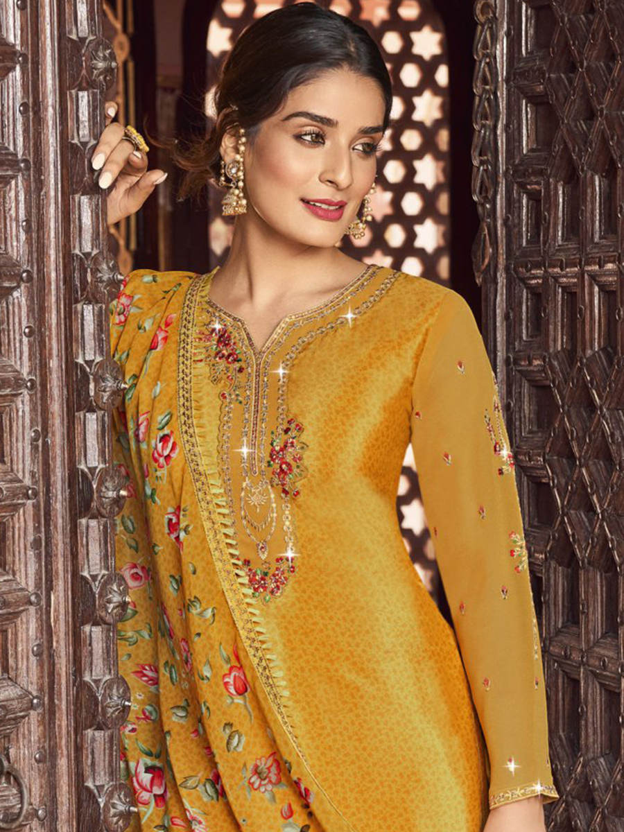 Yellow Heavy Crepe Embroidered Casual Festival Patiala Salwar Kameez