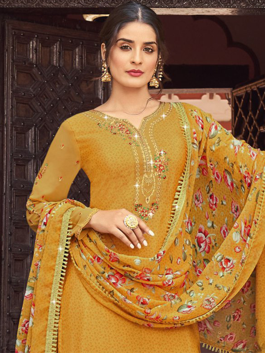 Yellow Heavy Crepe Embroidered Casual Festival Patiala Salwar Kameez