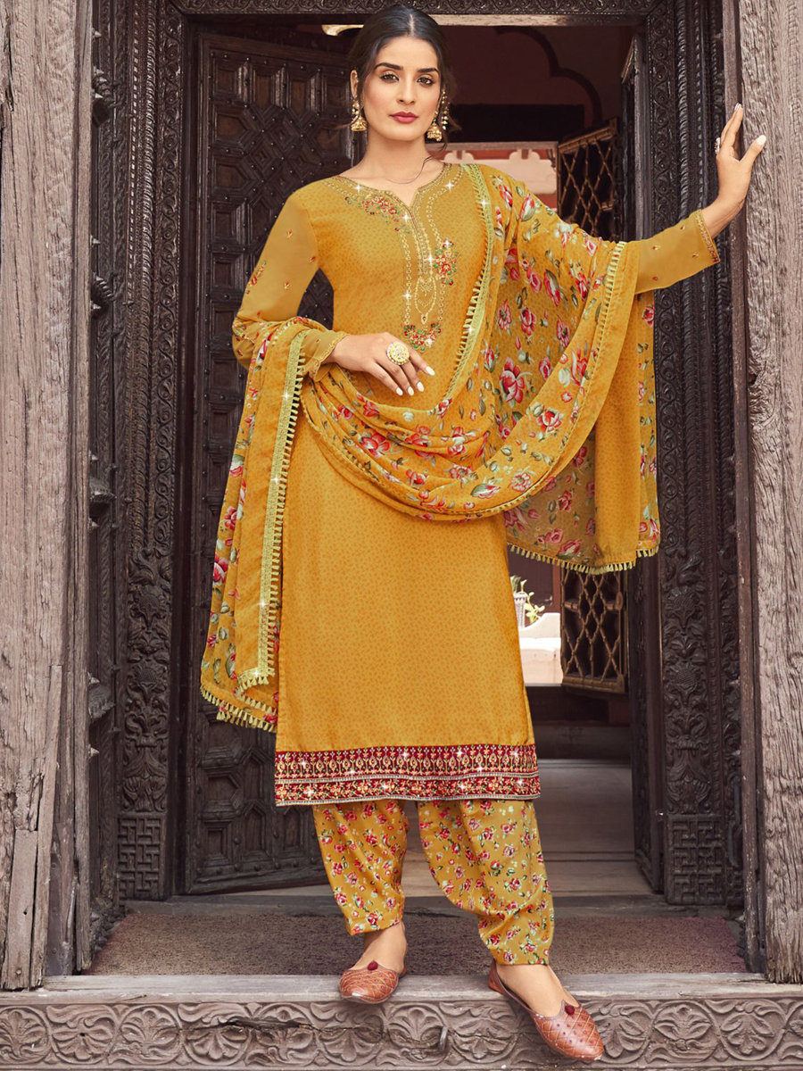 Yellow Heavy Crepe Embroidered Casual Festival Patiala Salwar Kameez