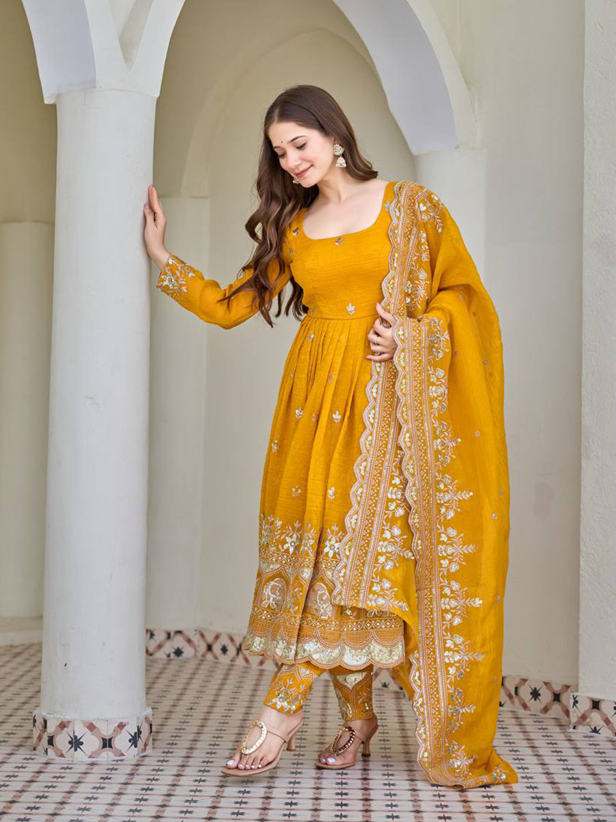 Yellow Heavy Crunchy Silk Embroidery Festival Party Wedding Ready Anarkali Pant Salwar Kameez
