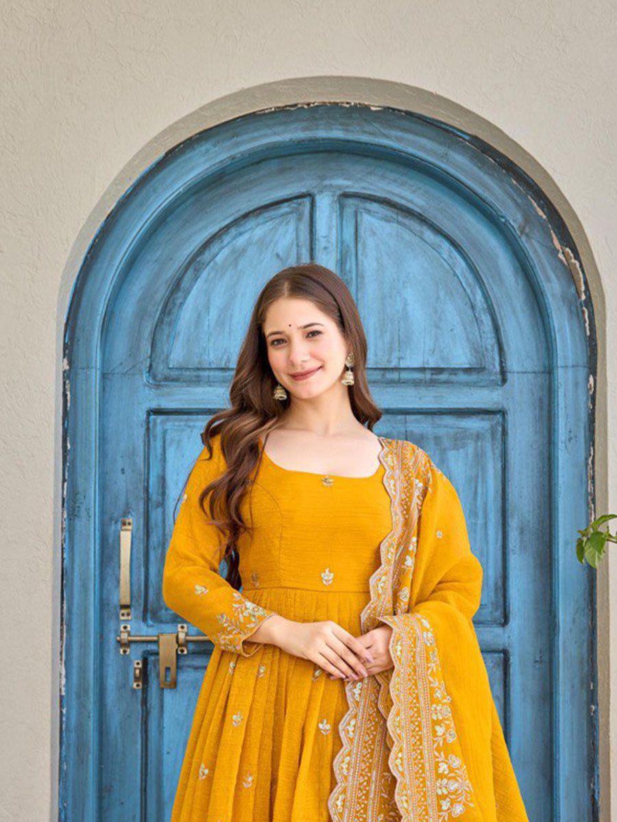 Yellow Heavy Crunchy Silk Embroidery Festival Party Wedding Ready Anarkali Pant Salwar Kameez