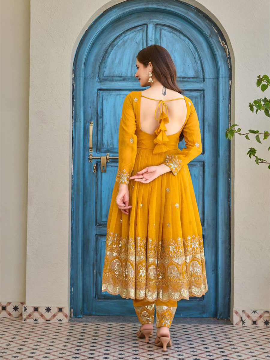 Yellow Heavy Crunchy Silk Embroidery Festival Party Wedding Ready Anarkali Pant Salwar Kameez
