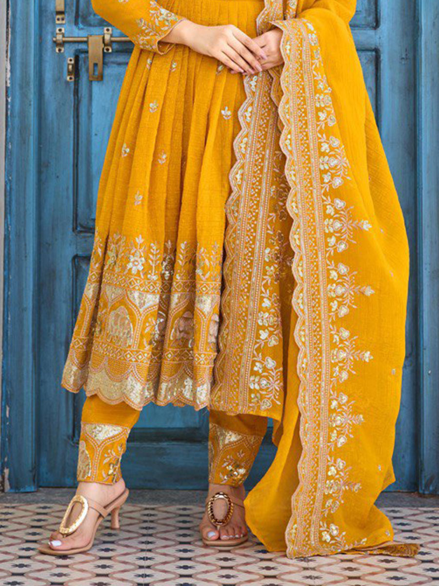 Yellow Heavy Crunchy Silk Embroidery Festival Party Wedding Ready Anarkali Pant Salwar Kameez