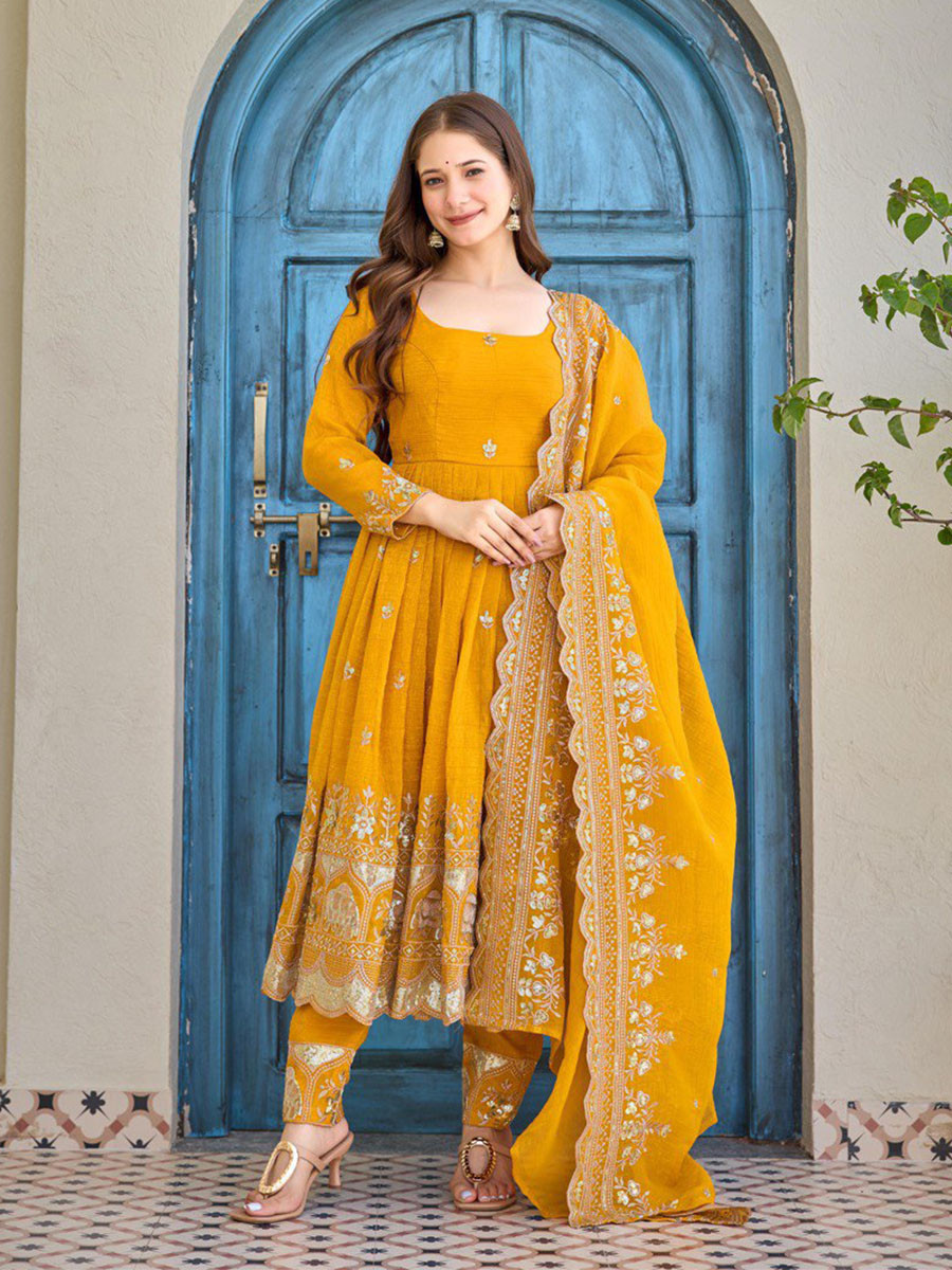 Yellow Heavy Crunchy Silk Embroidery Festival Party Wedding Ready Anarkali Pant Salwar Kameez