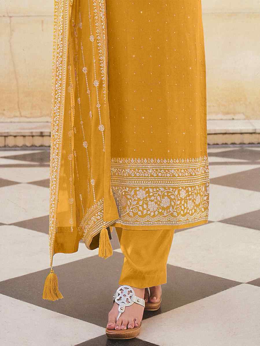 Yellow Heavy Dola Silk Embroidered Festival Wedding Bollywood Style Pant Salwar Kameez