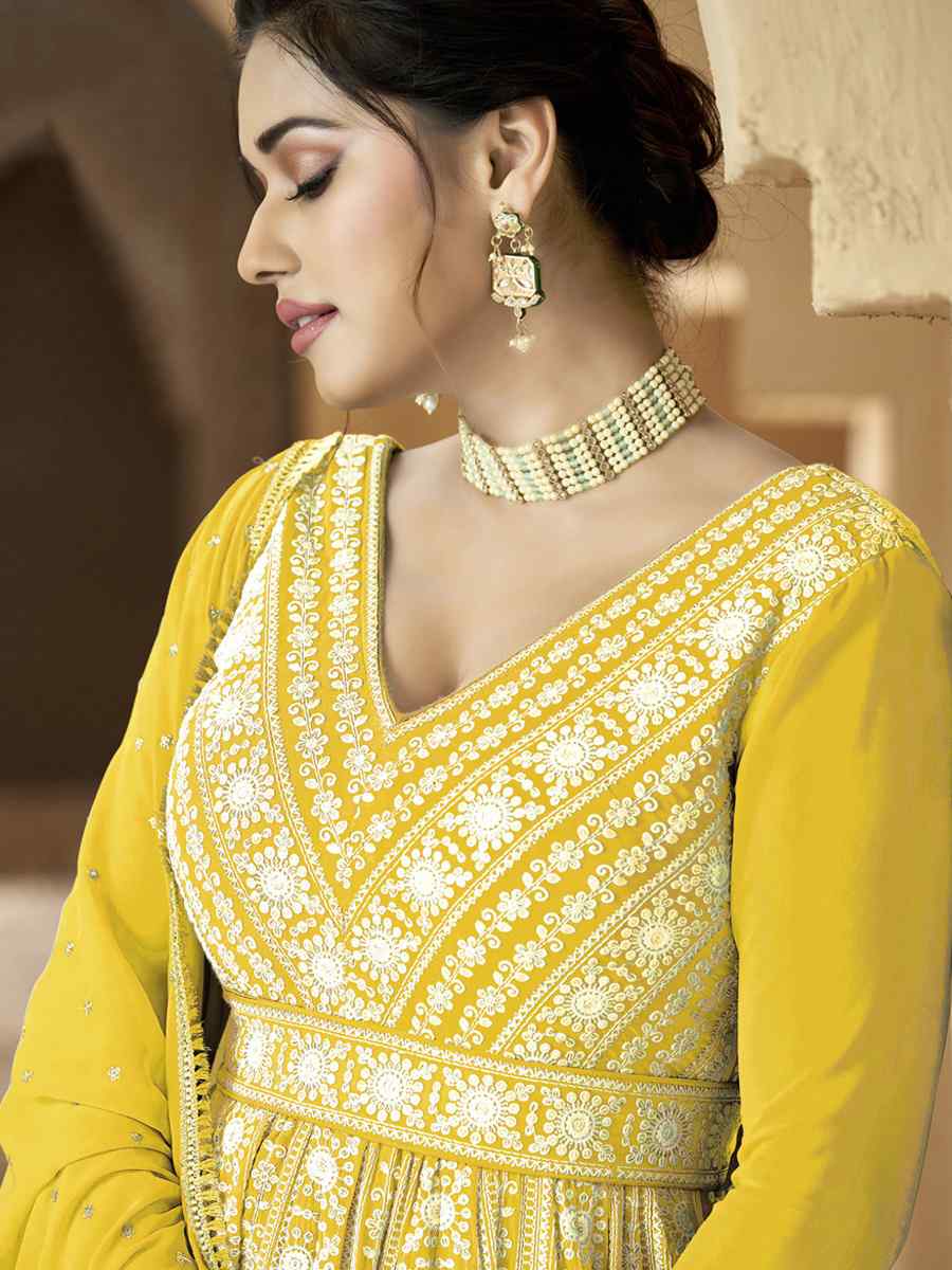 Yellow Heavy Faux Georgette Embroidered Festival Party Anarkali Salwar Kameez