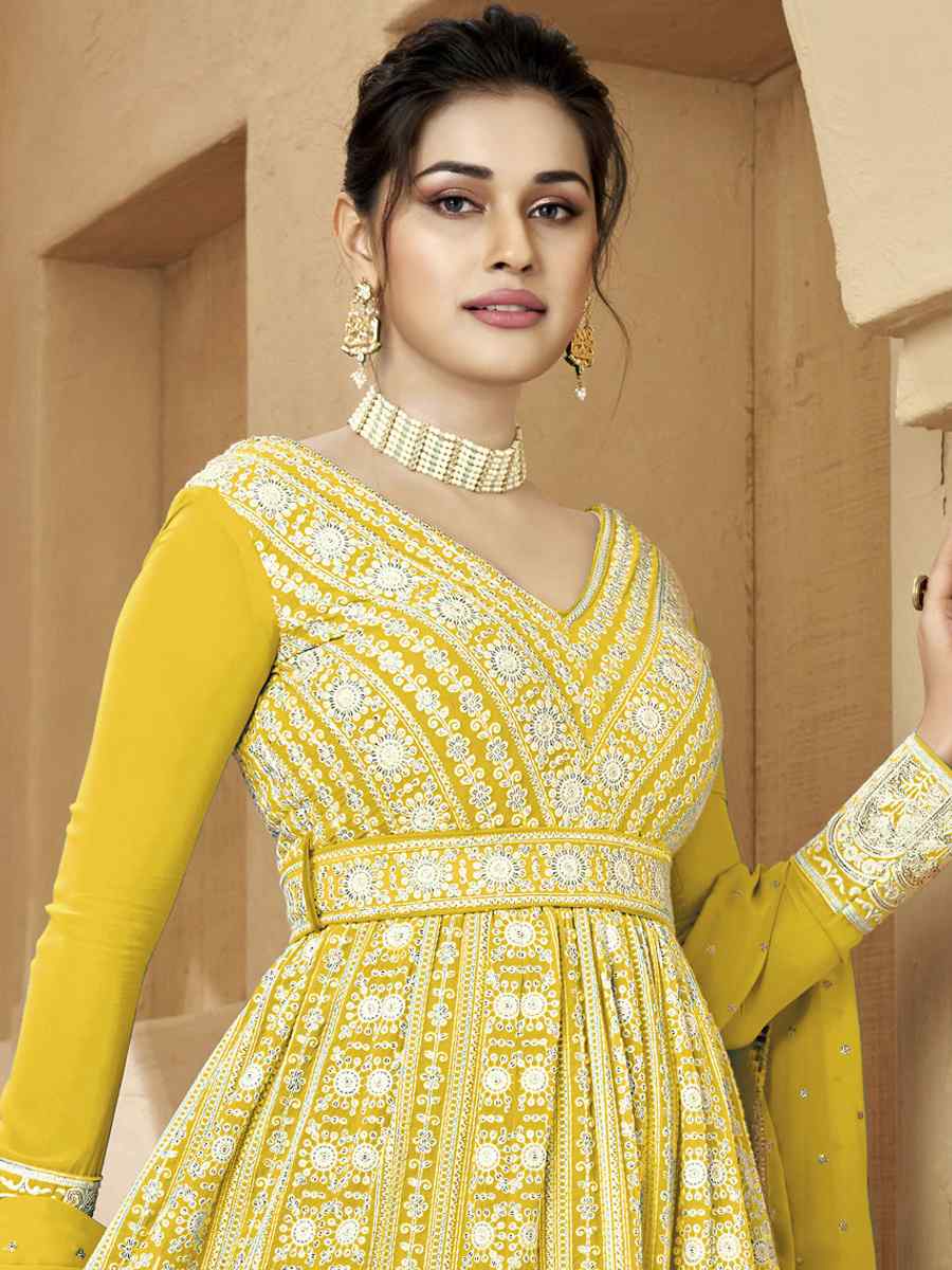 Yellow Heavy Faux Georgette Embroidered Festival Party Anarkali Salwar Kameez
