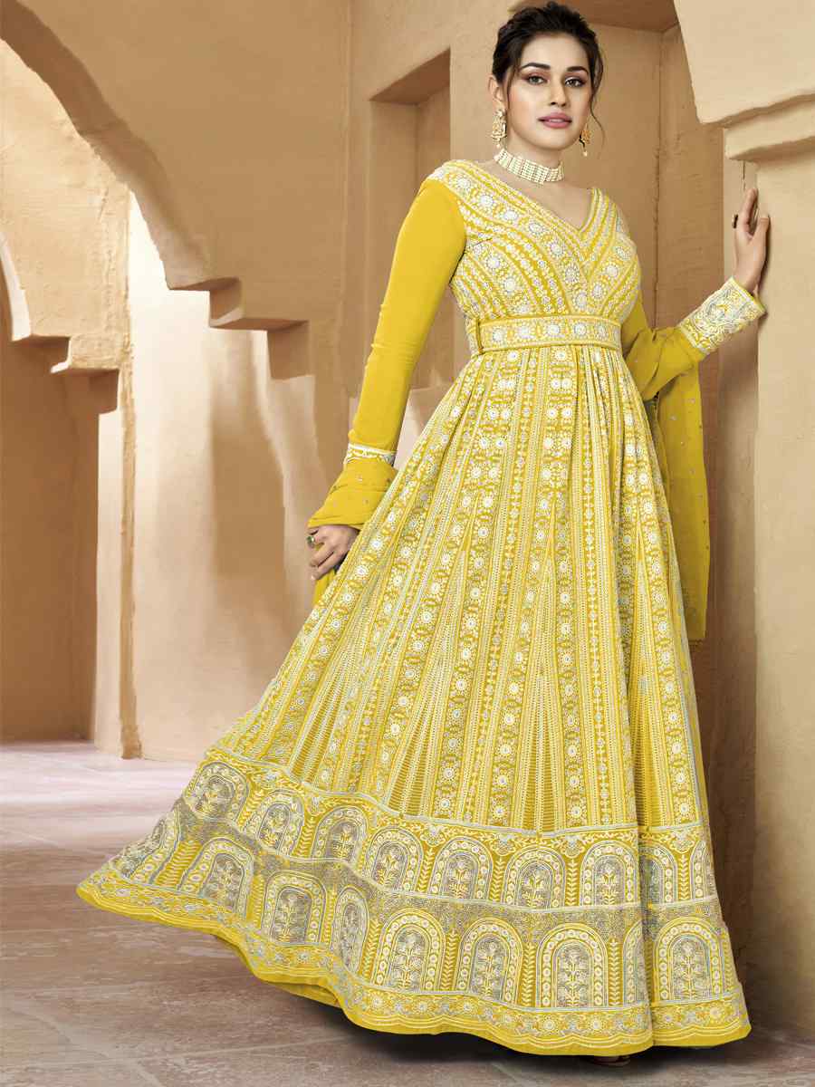 Yellow Heavy Faux Georgette Embroidered Festival Party Anarkali Salwar Kameez