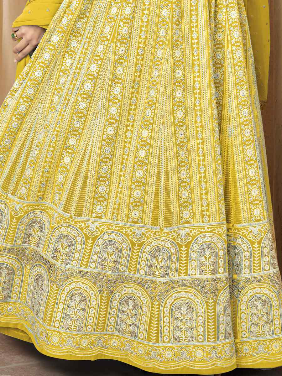 Yellow Heavy Faux Georgette Embroidered Festival Party Anarkali Salwar Kameez