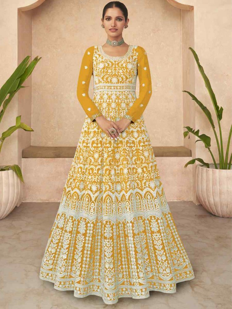 Yellow Heavy Faux Georgette Embroidered Festival Wedding Anarkali Salwar Kameez