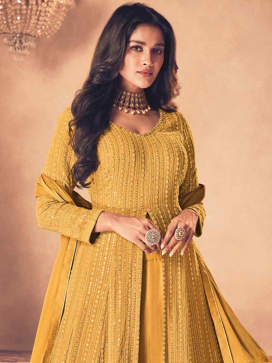 Yellow Heavy Faux Georgette Embroidered Festival Wedding Anarkali Salwar Kameez