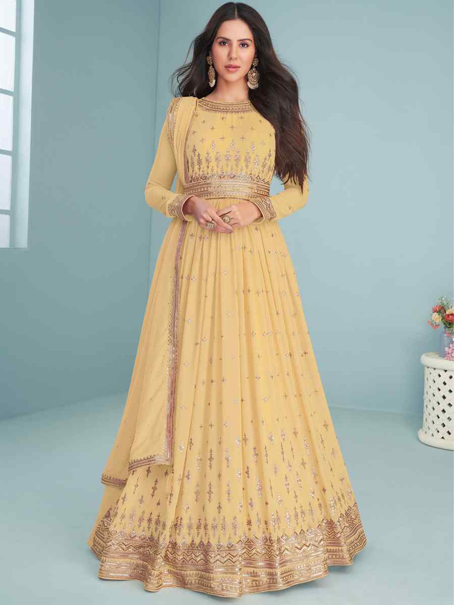 Yellow Heavy Faux Georgette Embroidered Festival Wedding Anarkali Salwar Kameez
