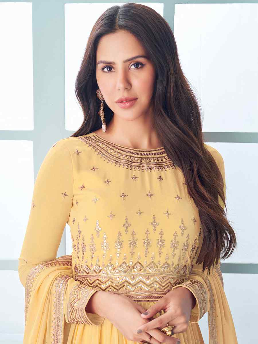 Yellow Heavy Faux Georgette Embroidered Festival Wedding Anarkali Salwar Kameez