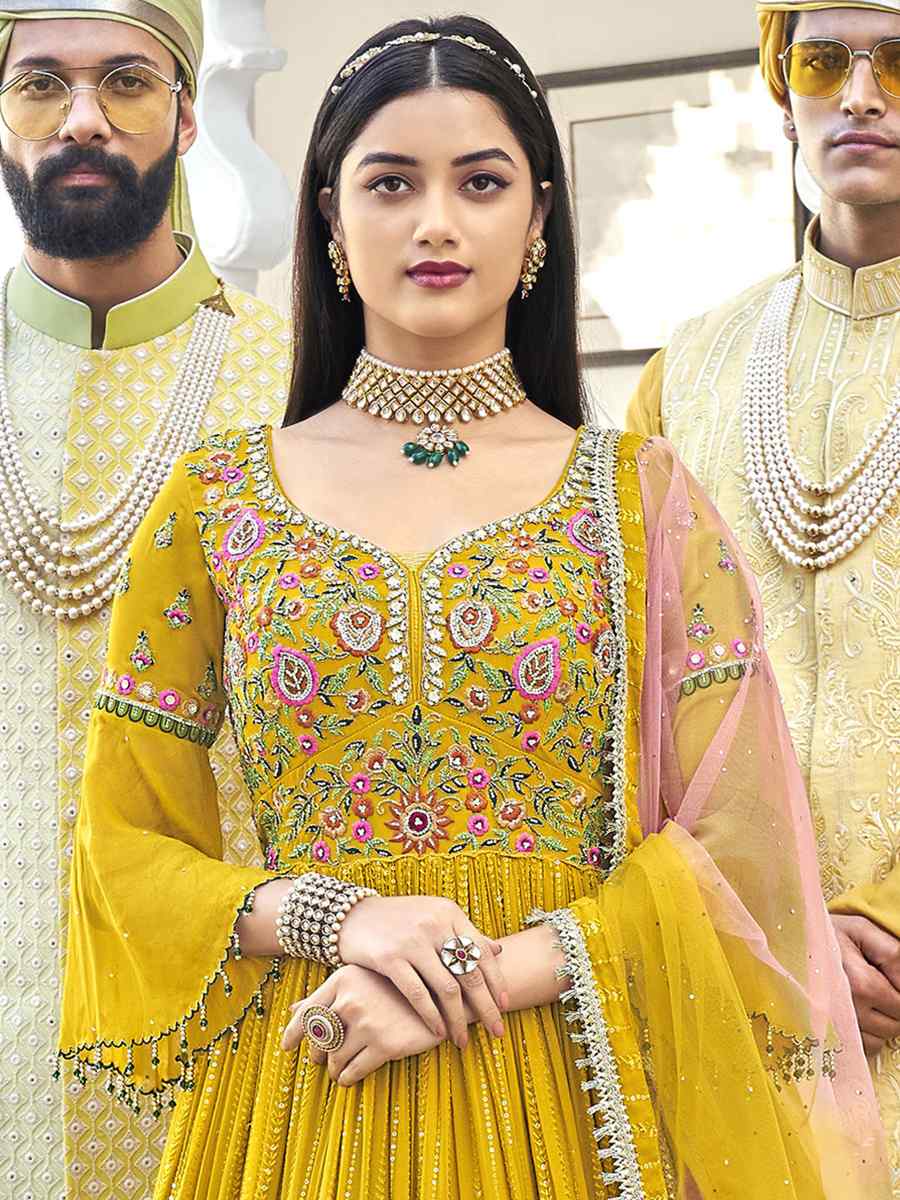 Yellow Heavy Faux Georgette Embroidered Festival Wedding Anarkali Salwar Kameez