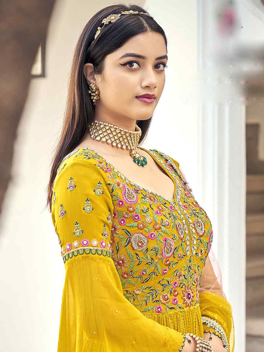 Yellow Heavy Faux Georgette Embroidered Festival Wedding Anarkali Salwar Kameez