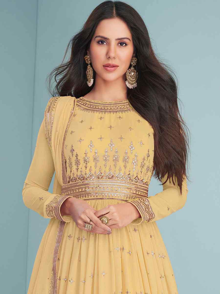 Yellow Heavy Faux Georgette Embroidered Festival Wedding Anarkali Salwar Kameez