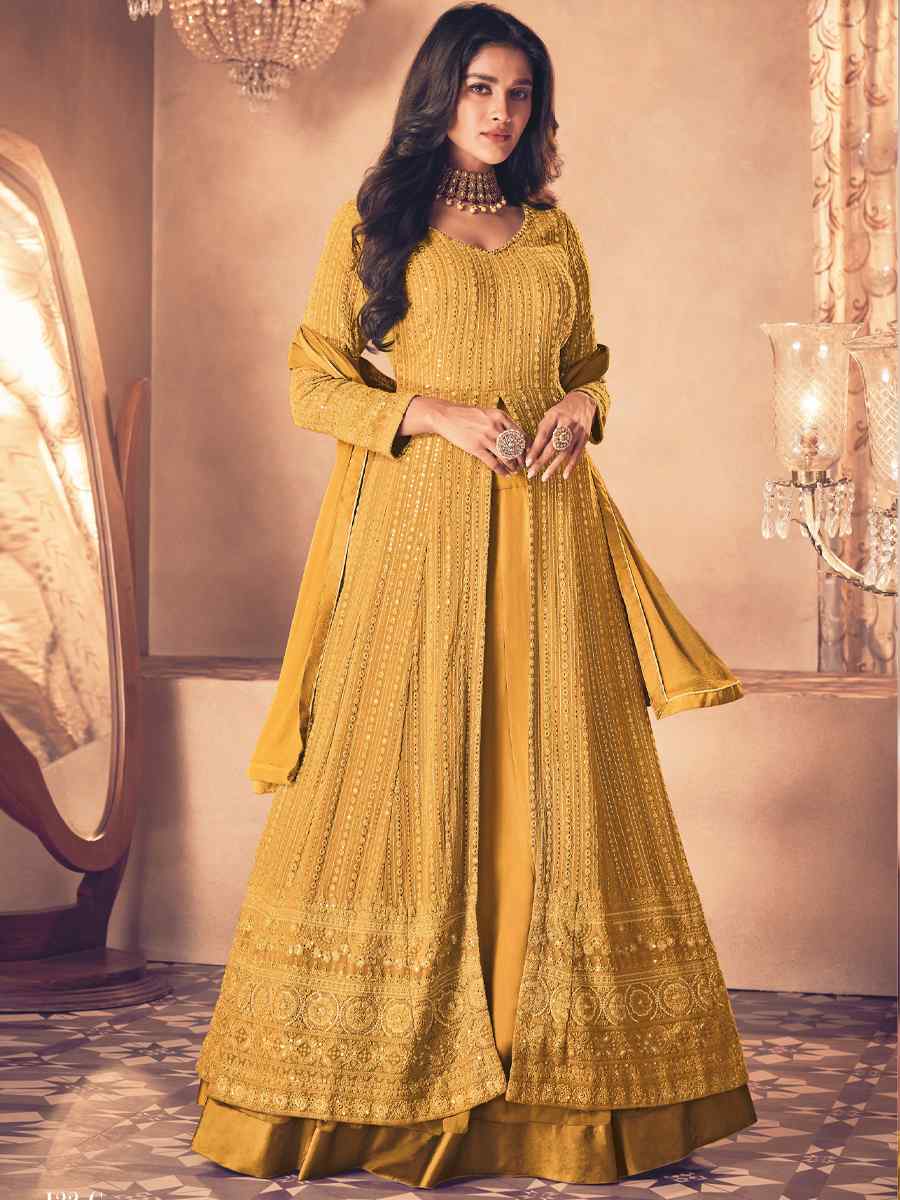 Yellow Heavy Faux Georgette Embroidered Festival Wedding Anarkali Salwar Kameez