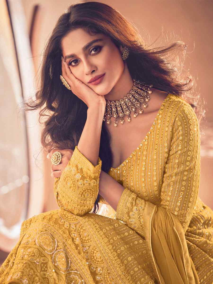 Yellow Heavy Faux Georgette Embroidered Festival Wedding Anarkali Salwar Kameez