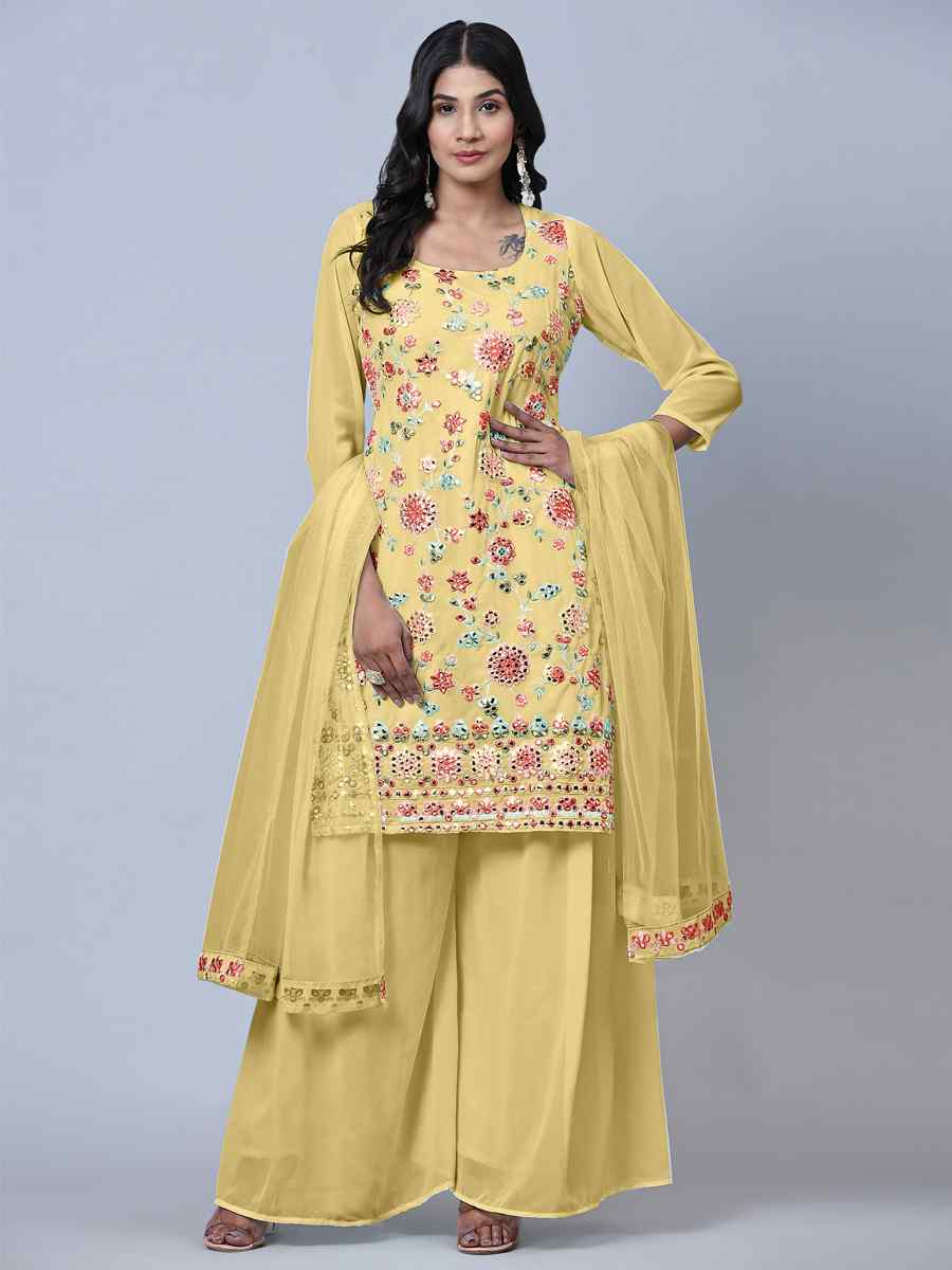 Yellow Heavy Faux Georgette Embroidered Festival Wedding Palazzo Pant Salwar Kameez