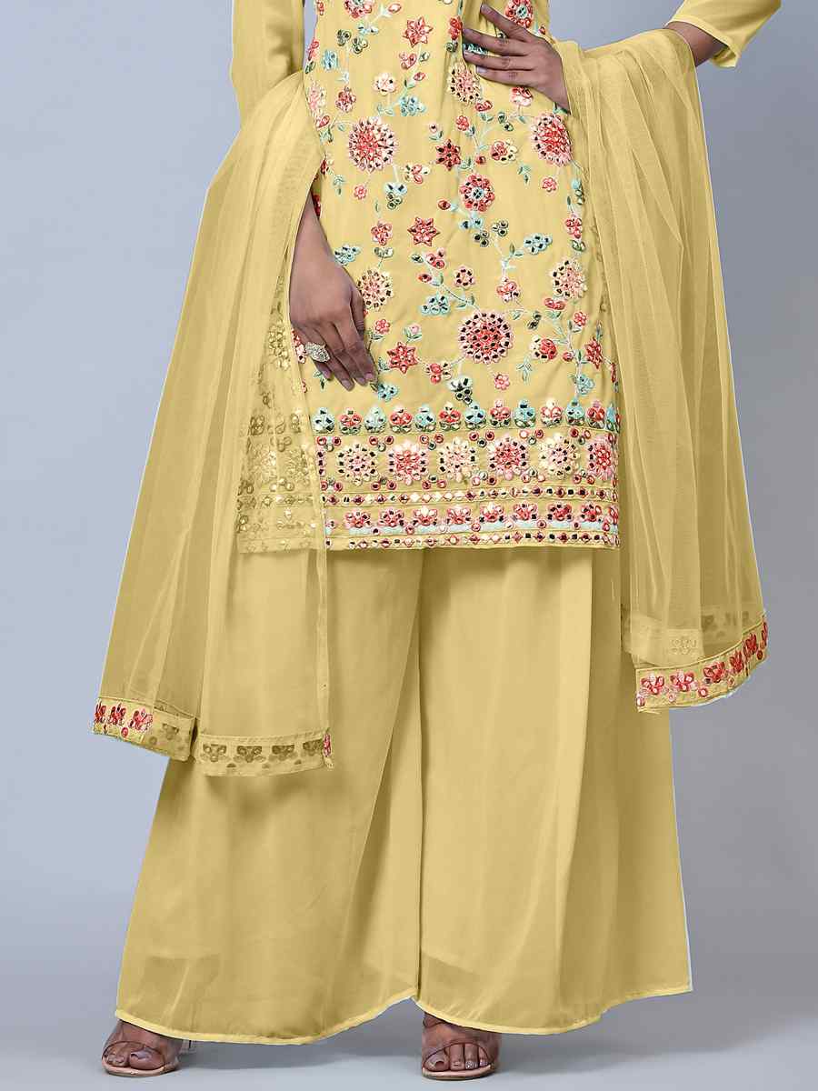 Yellow Heavy Faux Georgette Embroidered Festival Wedding Palazzo Pant Salwar Kameez