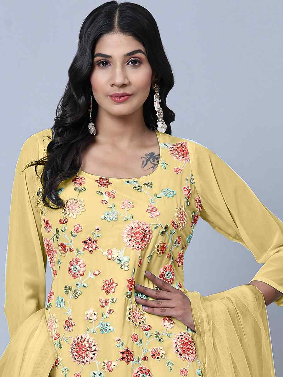 Yellow Heavy Faux Georgette Embroidered Festival Wedding Palazzo Pant Salwar Kameez