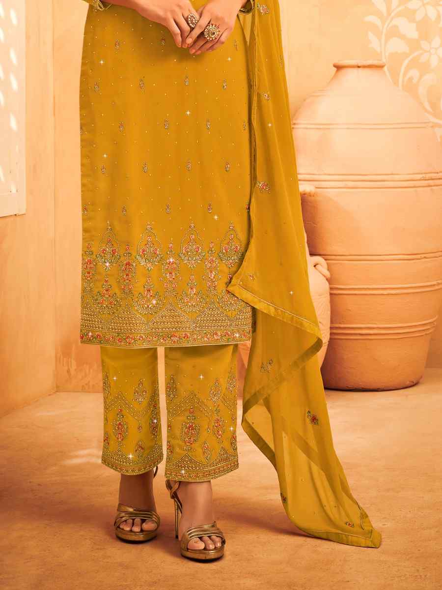 Yellow Heavy Faux Georgette Embroidered Festival Wedding Pant Salwar Kameez