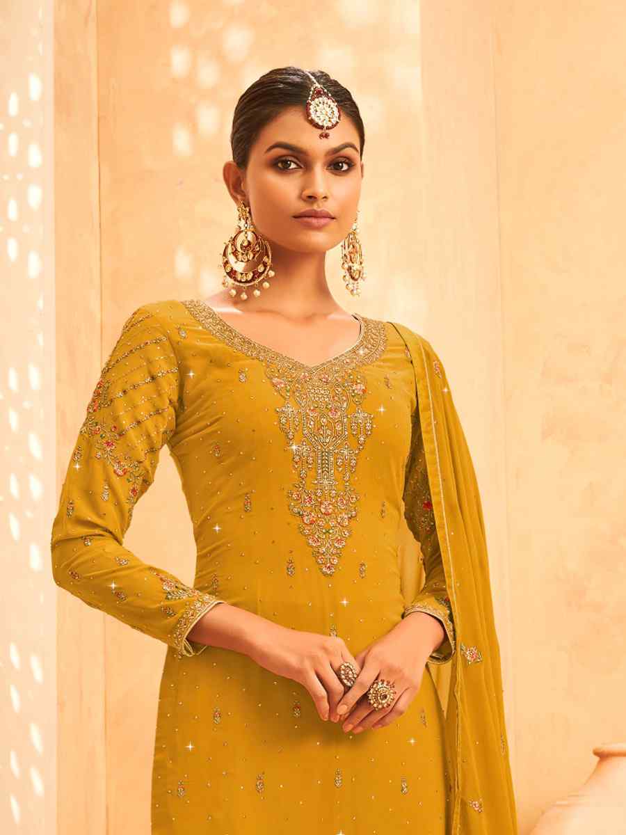 Yellow Heavy Faux Georgette Embroidered Festival Wedding Pant Salwar Kameez