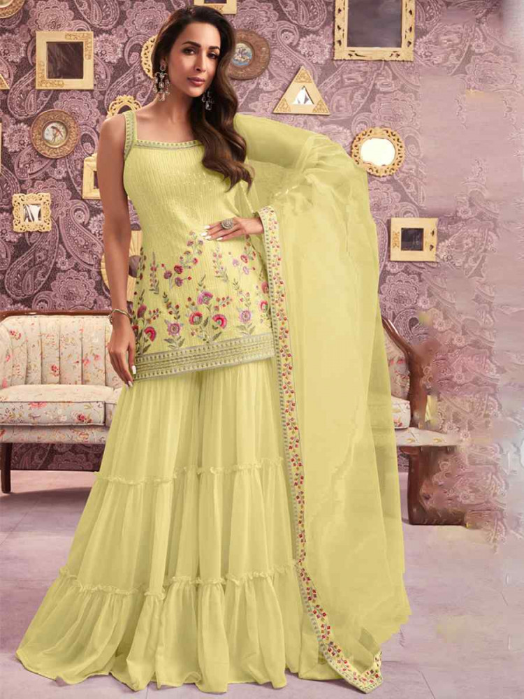 Yellow Heavy Faux Georgette Embroidered Festival Wedding Sharara Pant Salwar Kameez