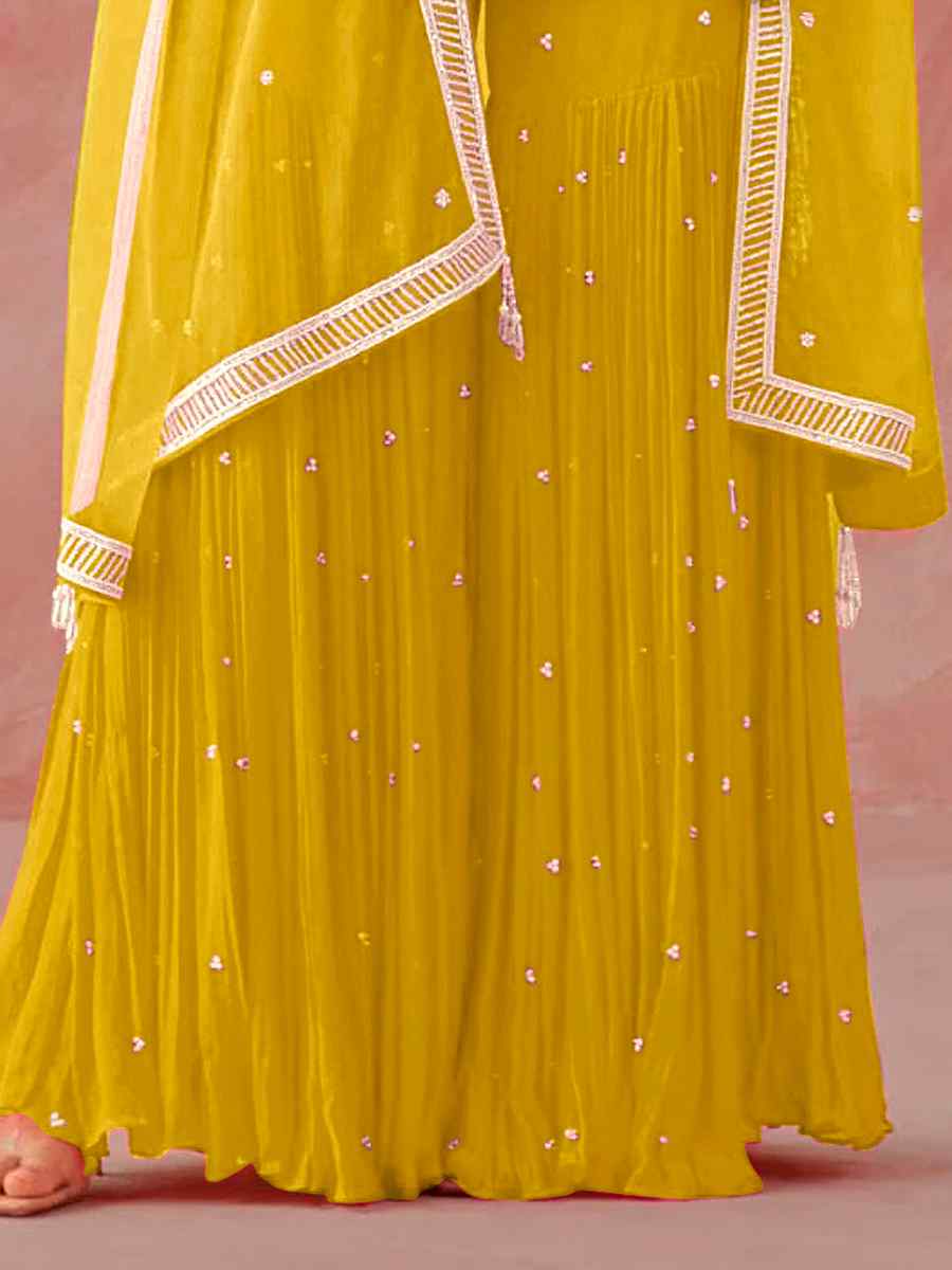 Yellow Heavy Faux Georgette Embroidered Party Festival Palazzo Pant Salwar Kameez