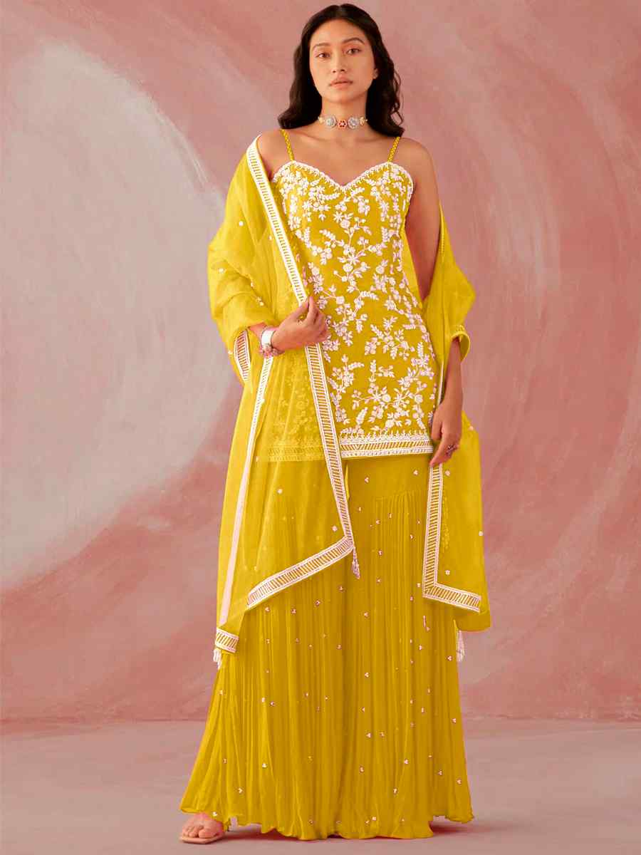 Yellow Heavy Faux Georgette Embroidered Party Festival Palazzo Pant Salwar Kameez