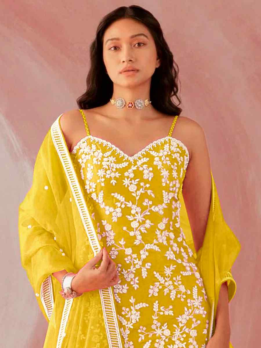 Yellow Heavy Faux Georgette Embroidered Party Festival Palazzo Pant Salwar Kameez