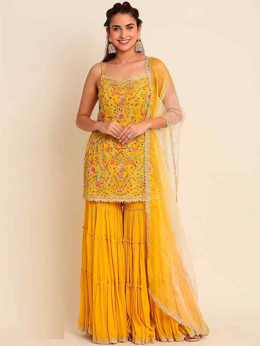 Yellow Heavy Faux Georgette Embroidered Party Festival Palazzo Pant Salwar Kameez